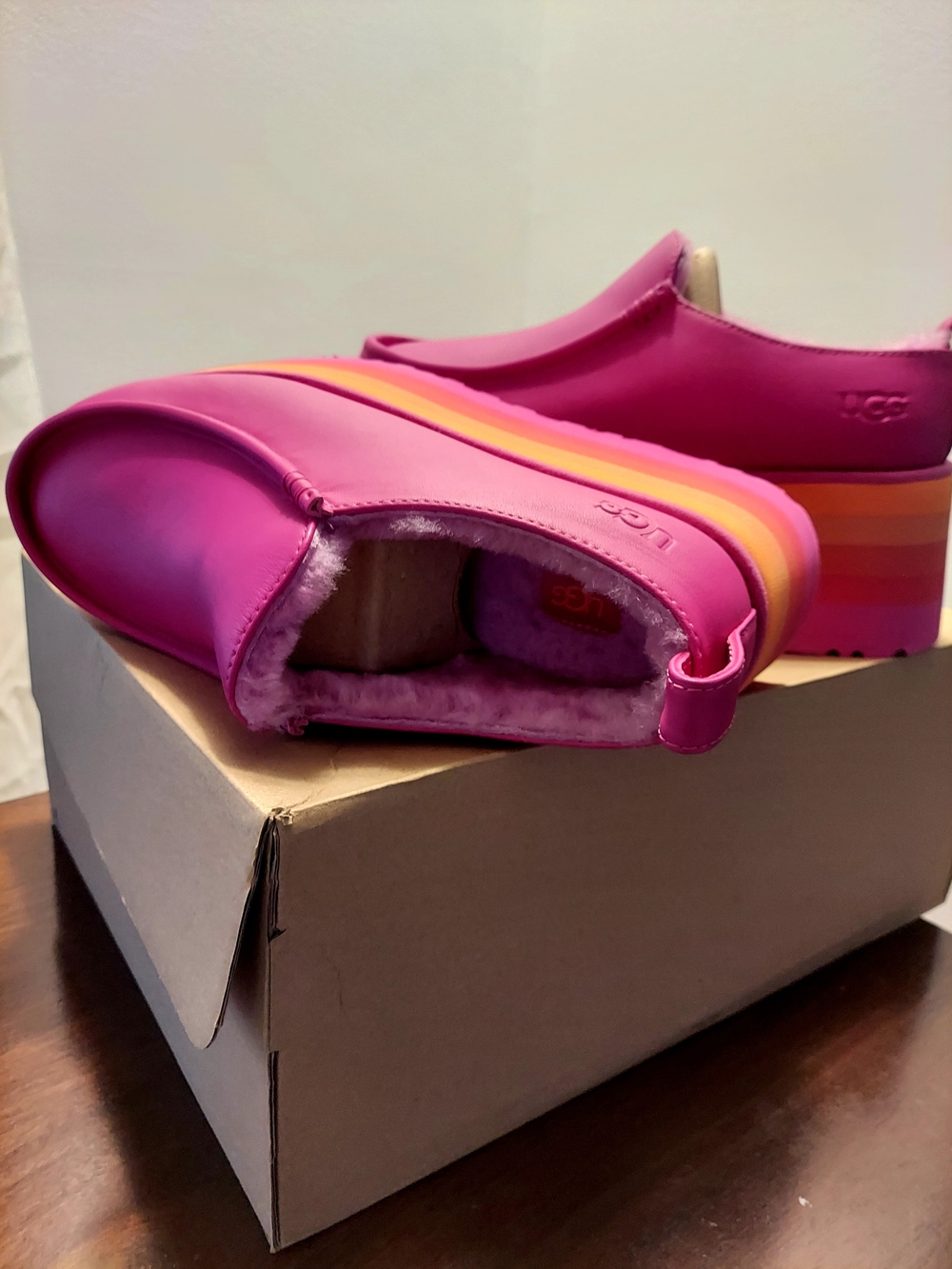 UGG Women's Fuchsia Platform Shearling Mules with Orange Stripe